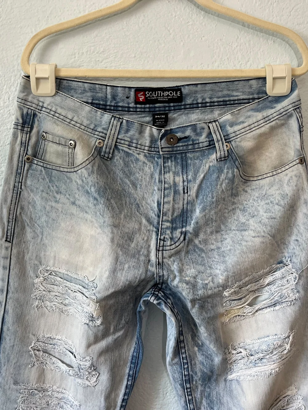 South Pole Men’s Distressed Acid-Wash Jeans - Light Blue